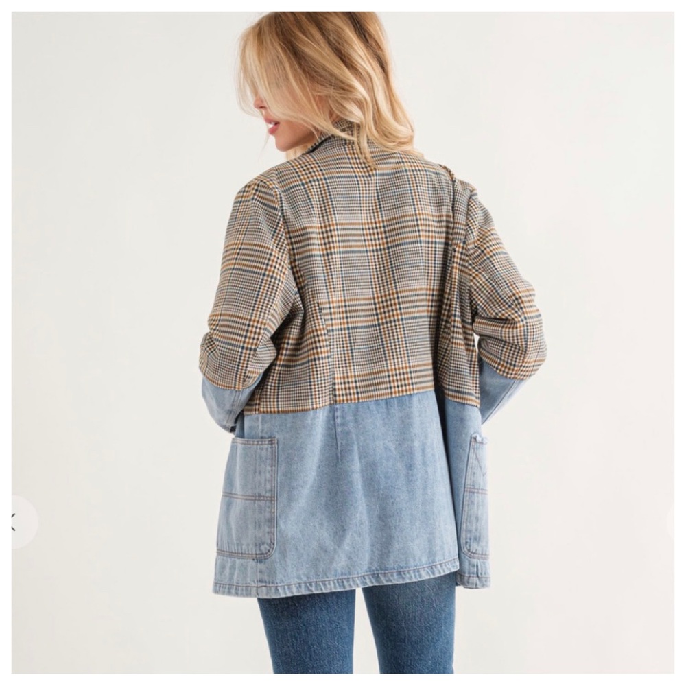 26 Fabulous Plaid and Denim Contrast Single Button Jacket - Picture 2 of 6